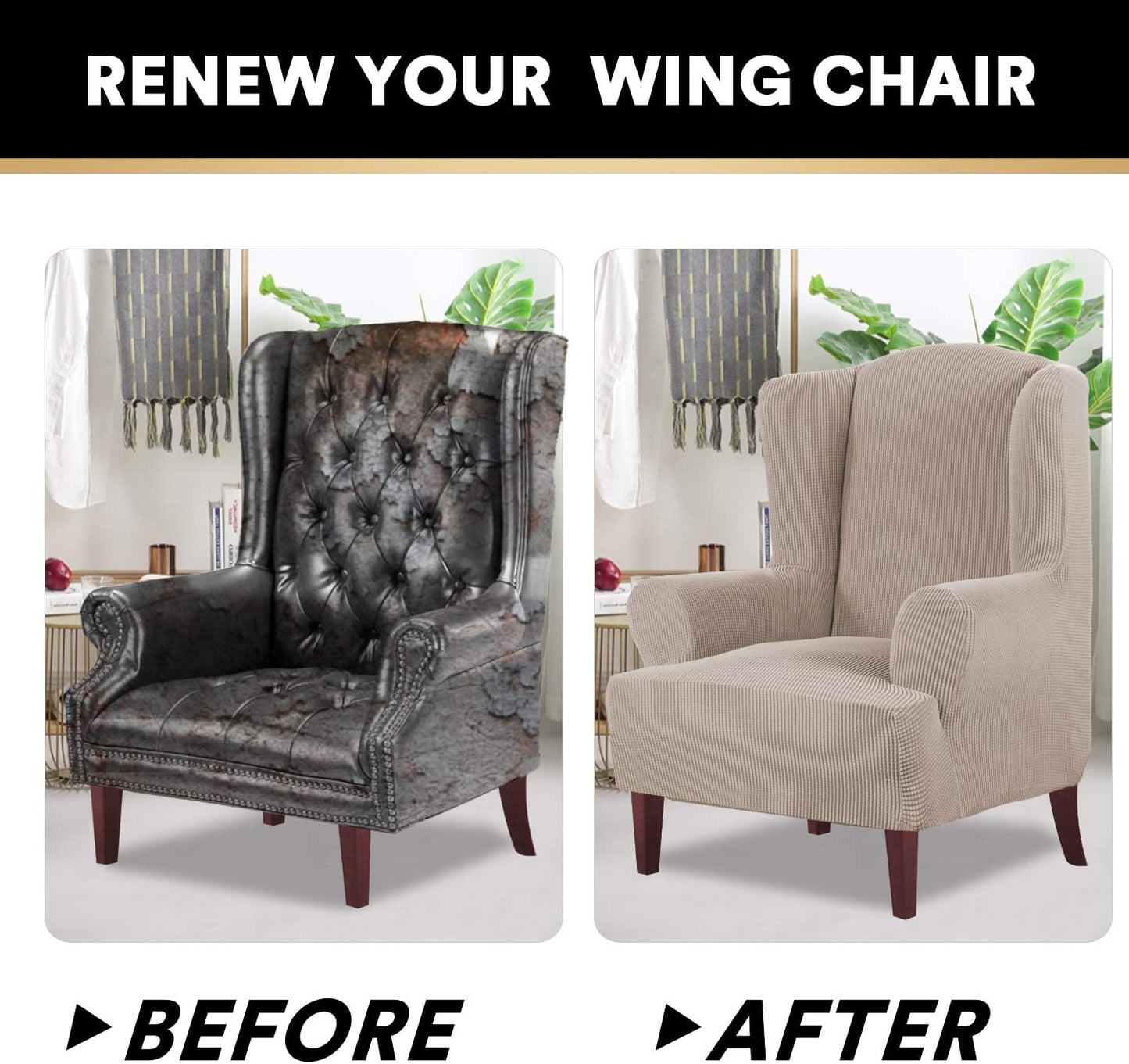 High Stretch Wingback Chair Slipcover Wing Chair Covers Wingback Chair Covers Wing Chair Slipcovers Furniture Covers for Wingback Chairs, Soft Thick Small Checked Jacquard Fabric, Sand