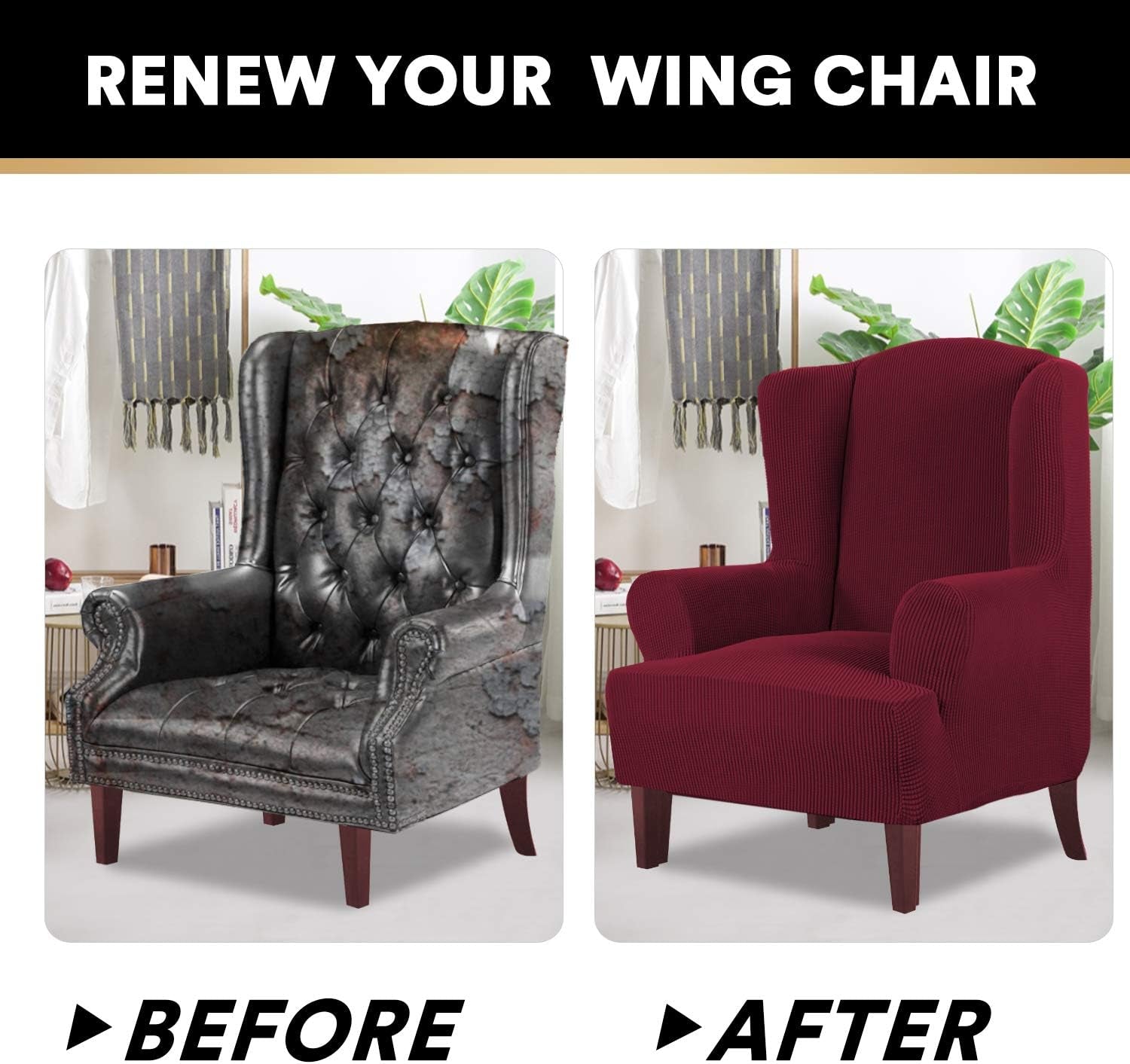 High Stretch Wingback Chair Slipcover Wing Chair Covers Wingback Chair Covers Wing Chair Slipcovers Furniture Covers for Wingback Chairs, Soft Thick Small Checked Jacquard Fabric, Burgundy