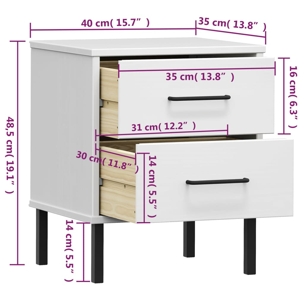 vidaXL Bedside Cabinet with Metal Legs White Solid Wood Pine OSLO