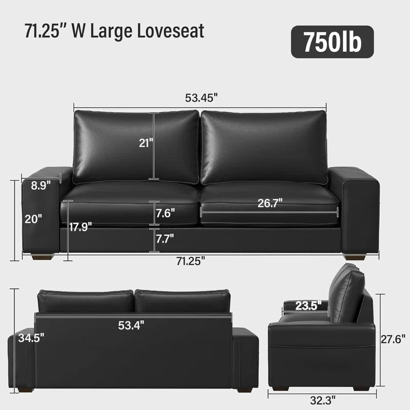 71.5" Vegan Leather Sofa with Wide Square Arms and Storage Pockets for Living Room Upholstered Loveseat