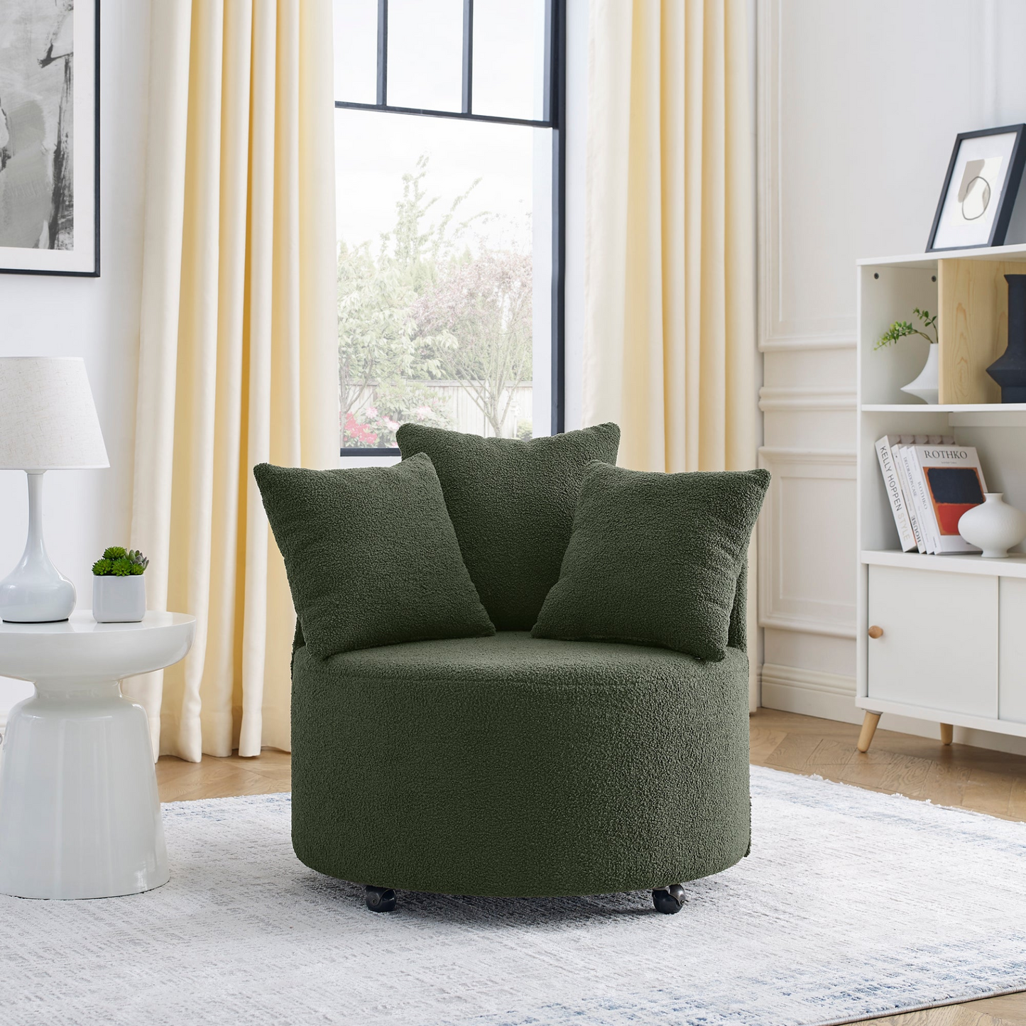 Teddy Fabric Swivel Accent Backchair Upholstered Luxury Lounge Chair for Living Room Bedroom, with Movable Wheels, Including 3 Pillows,Green