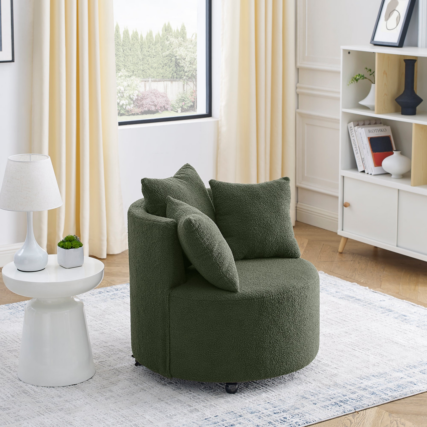 Teddy Fabric Swivel Accent Backchair Upholstered Luxury Lounge Chair for Living Room Bedroom, with Movable Wheels, Including 3 Pillows,Green