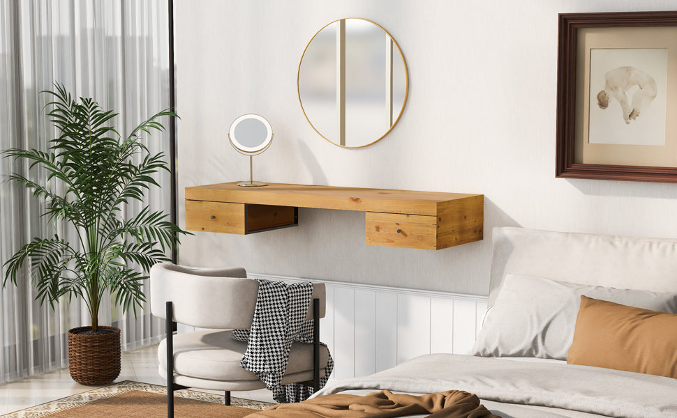 47.2" Wall-mounted Vanity Desk, Floating Vanity Shelf with Drawers, Dressing Table With Wooden Sticker,Computer Table Desk, Home Office Desk, Natural