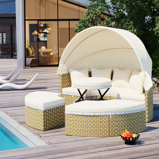 Patio Furniture Round Outdoor Sectional Sofa Set Rattan Daybed Two-Tone Weave Sunbed with Retractable Canopy, Separate Seating and Removable Cushion, Beige