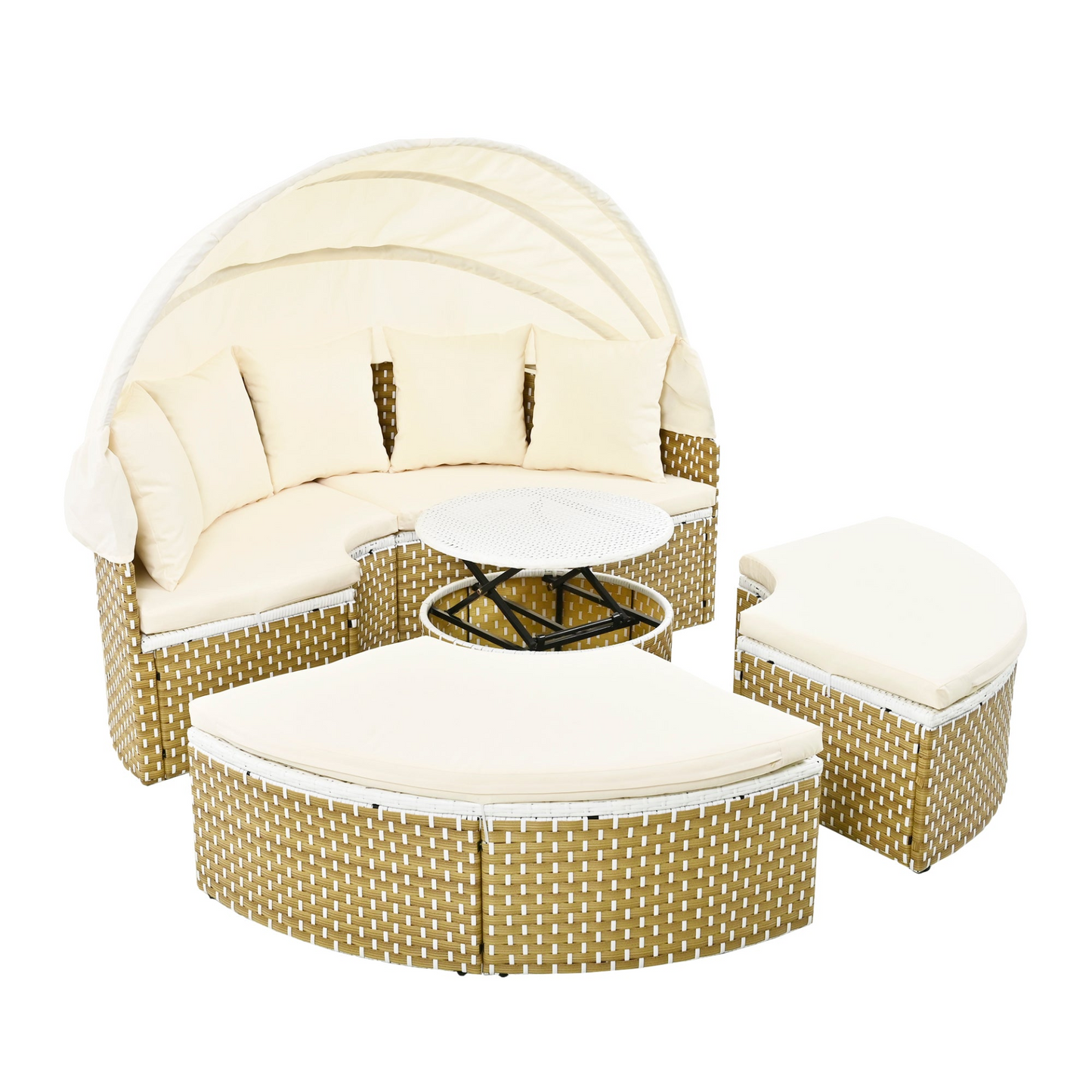 Patio Furniture Round Outdoor Sectional Sofa Set Rattan Daybed Two-Tone Weave Sunbed with Retractable Canopy, Separate Seating and Removable Cushion, Beige