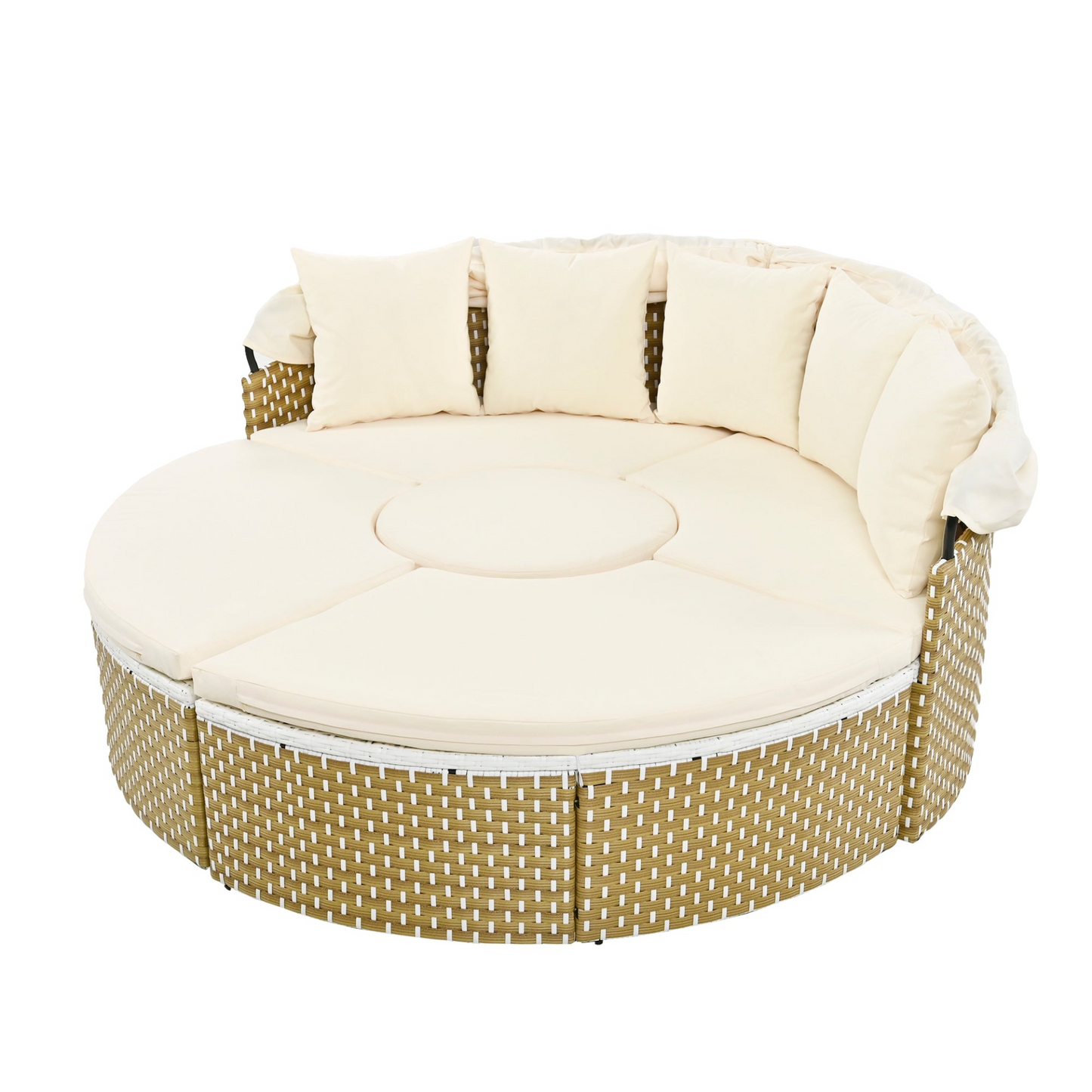 Patio Furniture Round Outdoor Sectional Sofa Set Rattan Daybed Two-Tone Weave Sunbed with Retractable Canopy, Separate Seating and Removable Cushion, Beige