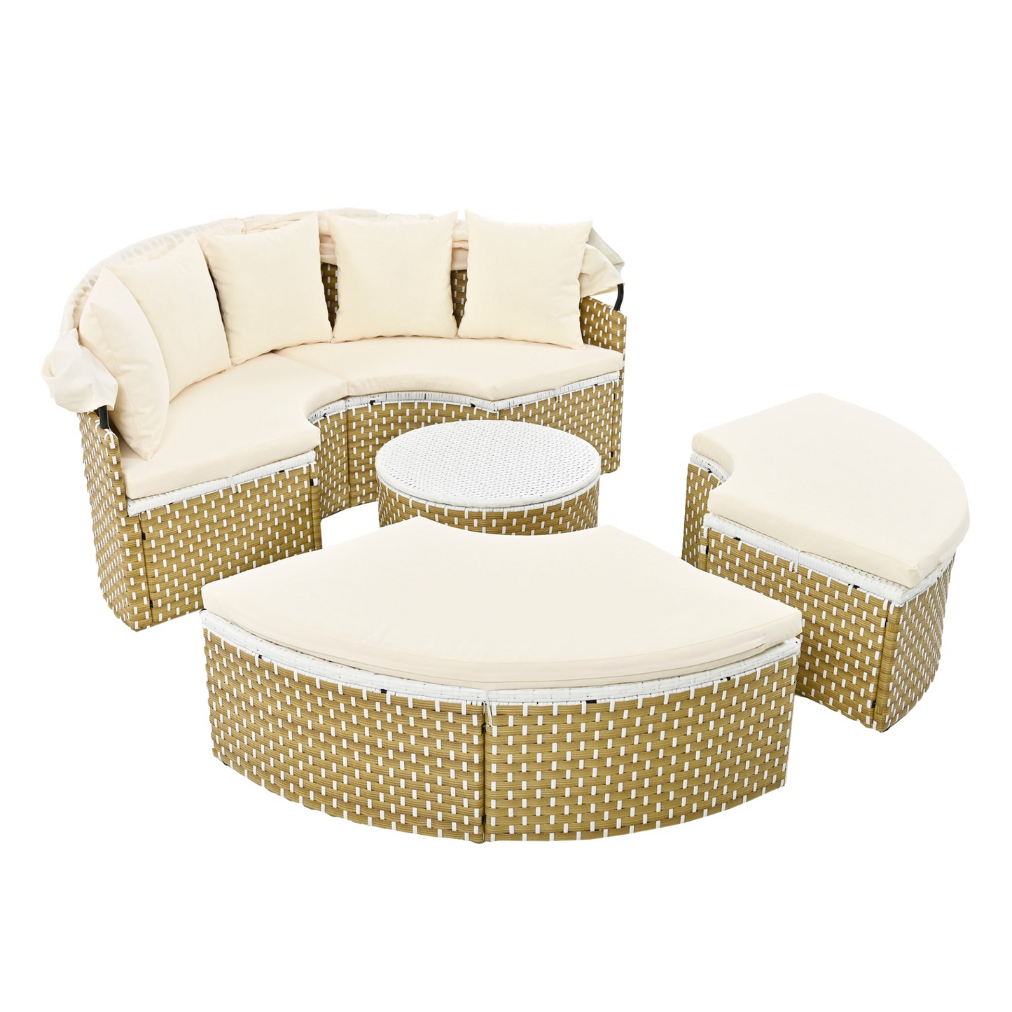 Patio Furniture Round Outdoor Sectional Sofa Set Rattan Daybed Two-Tone Weave Sunbed with Retractable Canopy, Separate Seating and Removable Cushion, Beige