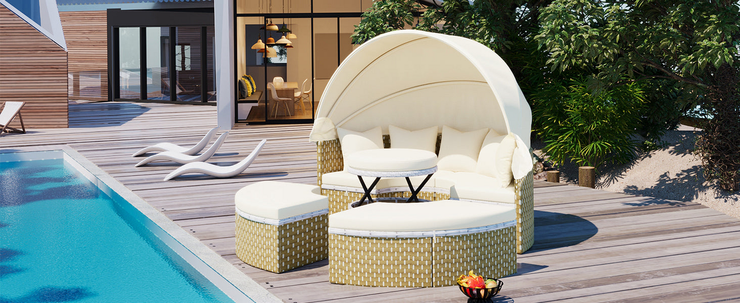 Patio Furniture Round Outdoor Sectional Sofa Set Rattan Daybed Two-Tone Weave Sunbed with Retractable Canopy, Separate Seating and Removable Cushion, Beige