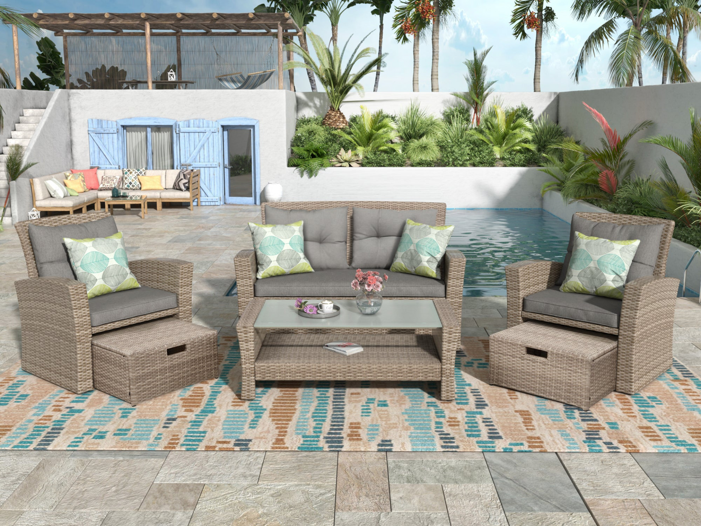 Patio Furniture Set, 4 Piece Outdoor Conversation Set All Weather Wicker Sectional Sofa with Ottoman and Cushions