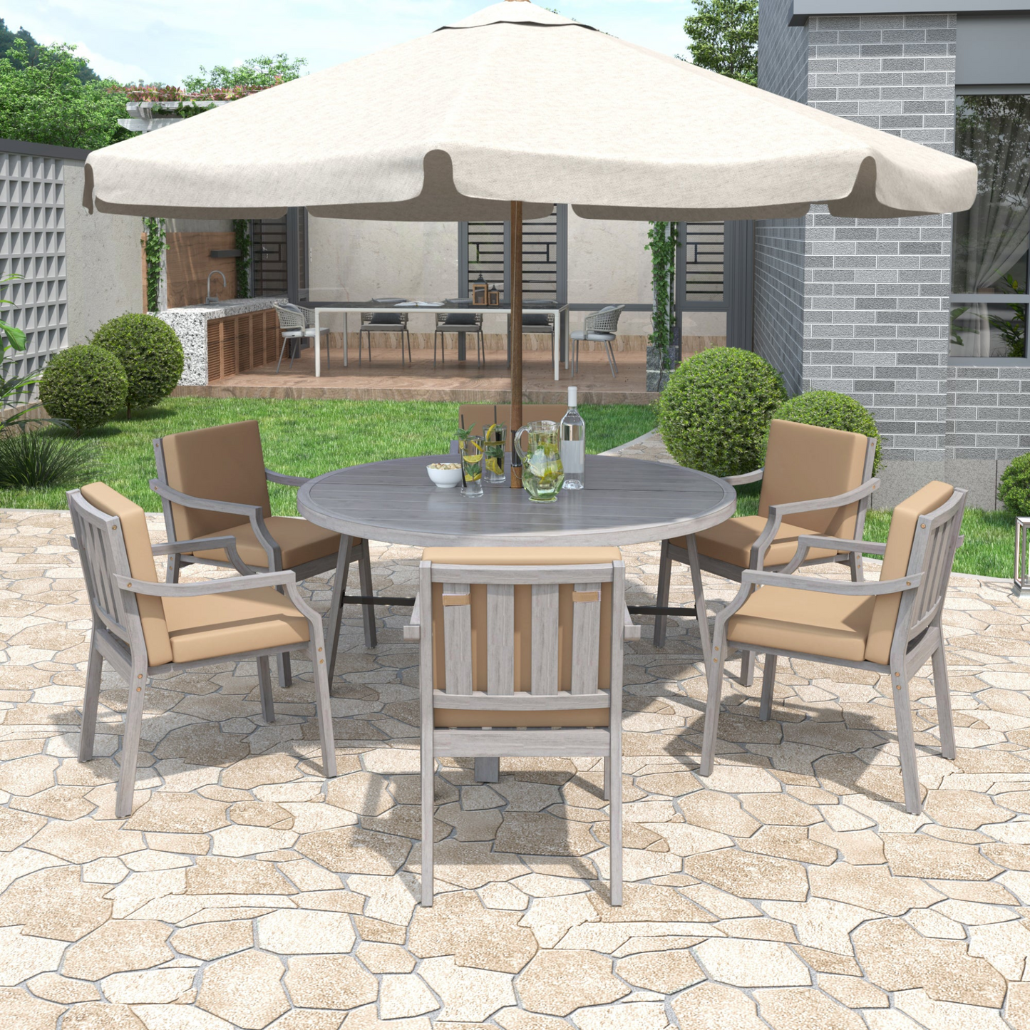 Outdoor Dinning Set 6-Person Outdoor Wooden Dinning Set with an Umbrella Hole and Removable Cushions for Patio, Backyard, Garden,  Antique Gray