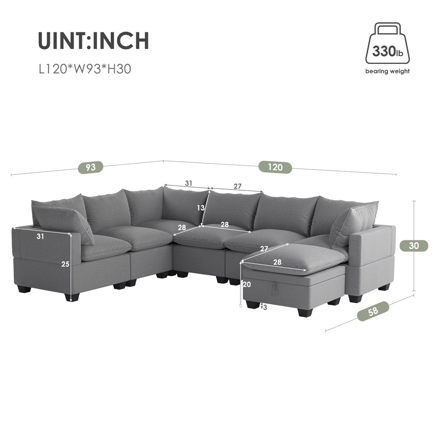 120*93" Modern U Shape Modular Sofa with Storage Ottoman,Luxury 7 Seat Sectional Couch Set with 2 Pillows Included,Freely Combinable Indoor Funiture for Living Room, Apartment