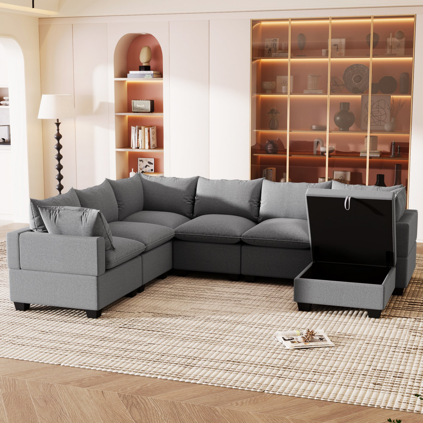 120*93" Modern U Shape Modular Sofa with Storage Ottoman,Luxury 7 Seat Sectional Couch Set with 2 Pillows Included,Freely Combinable Indoor Funiture for Living Room, Apartment