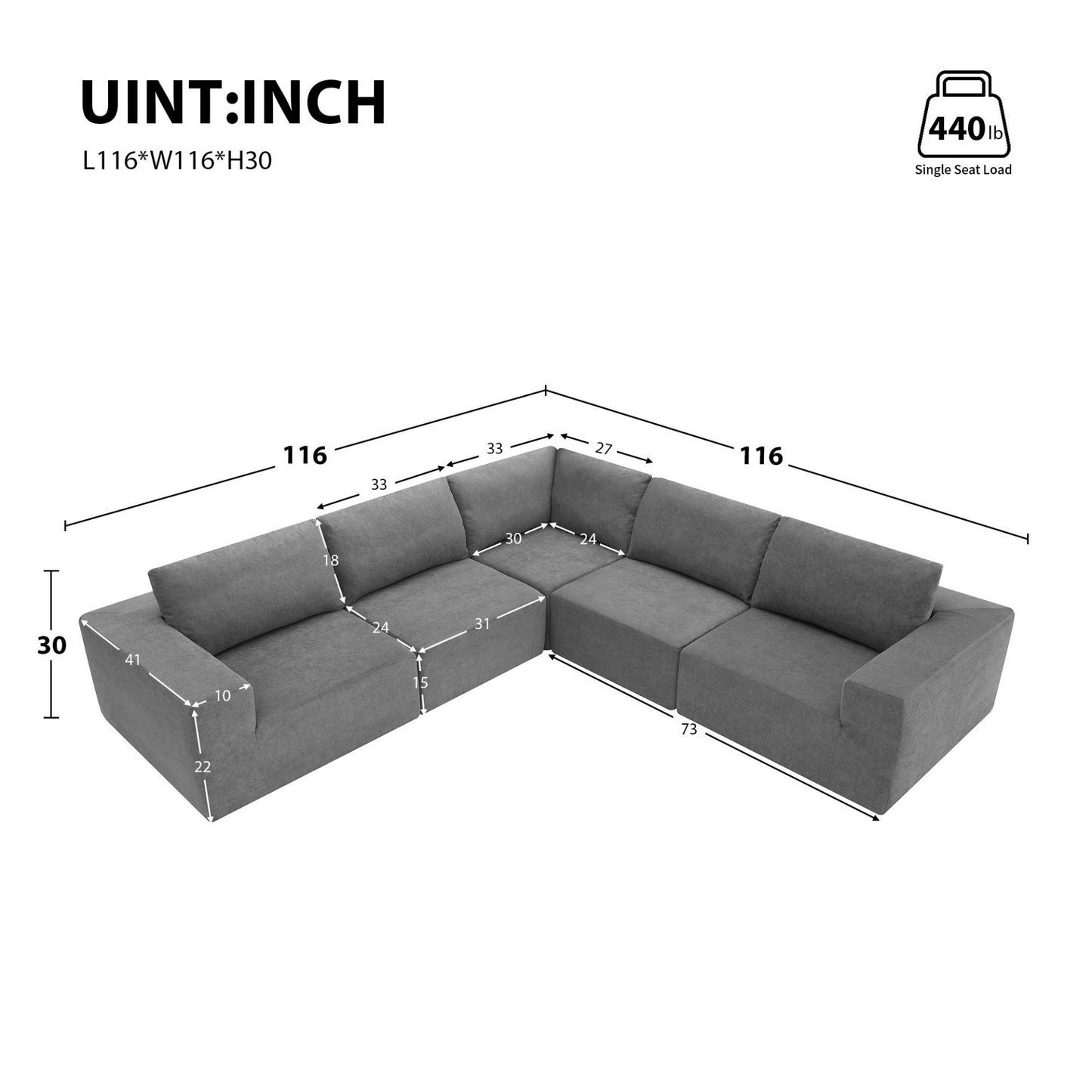 116*116" Modular L Shaped Sectional Sofa,Luxury Floor Couch Set,Upholstered Indoor Furniture,Foam-Filled Sleeper Sofa Bed for Living Room,Bedroom,5 PC Free Combination,3 Colors