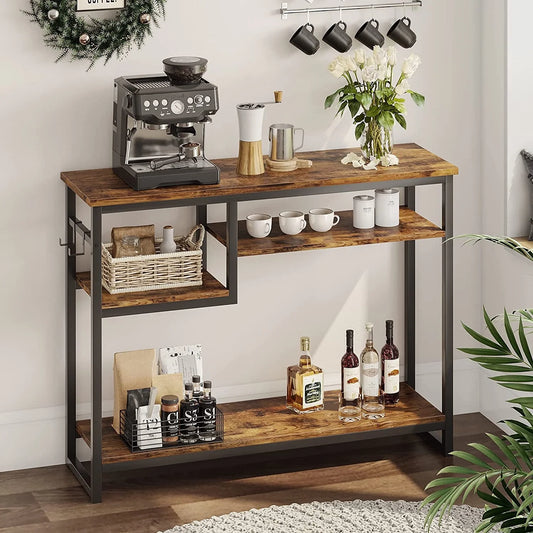 Bestier Narrow Console Table Buffet Sideboard Side Desk Entryway Table with 4 Storage Shelves & 2 Hooks, Rustic