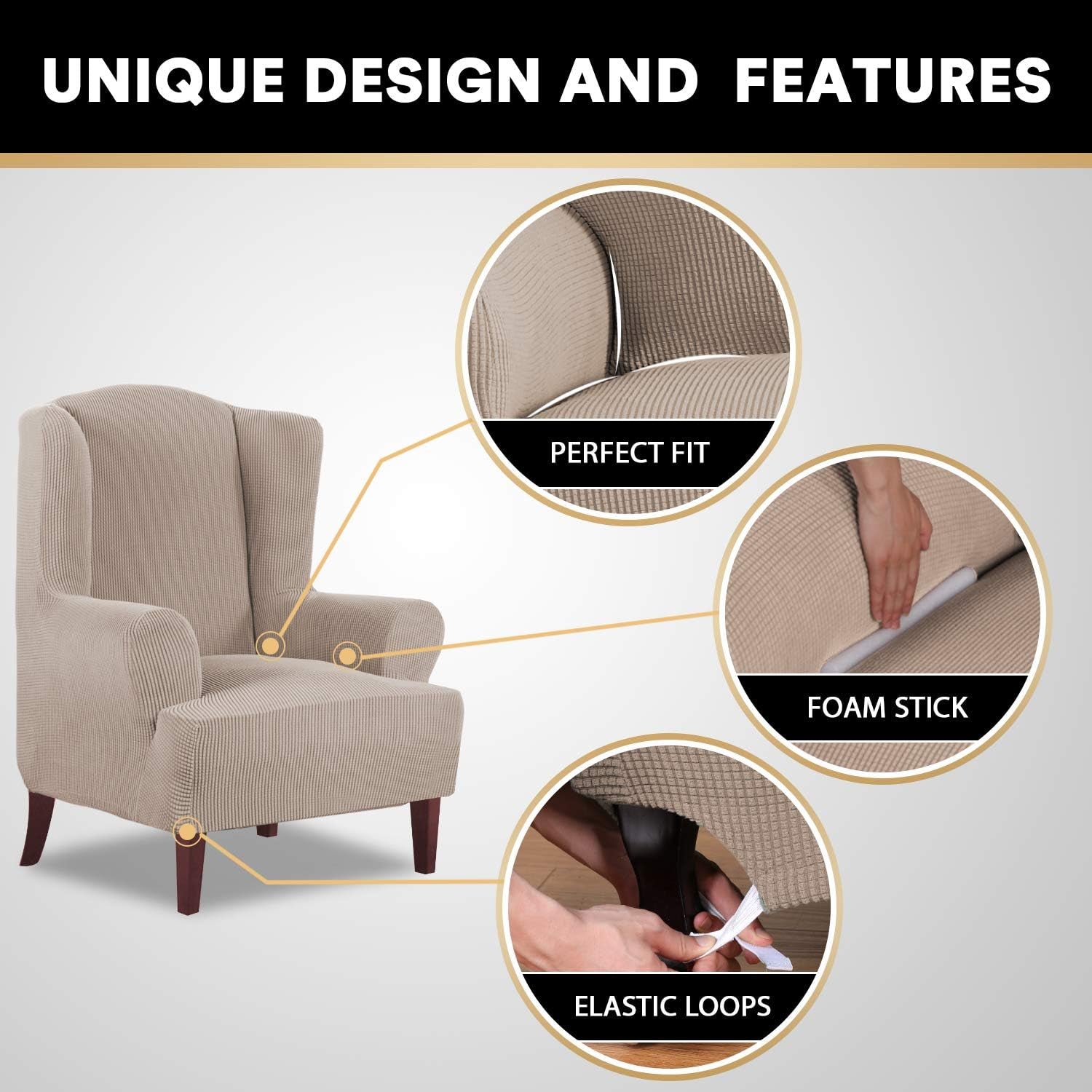 High Stretch Wingback Chair Slipcover Wing Chair Covers Wingback Chair Covers Wing Chair Slipcovers Furniture Covers for Wingback Chairs, Soft Thick Small Checked Jacquard Fabric, Sand