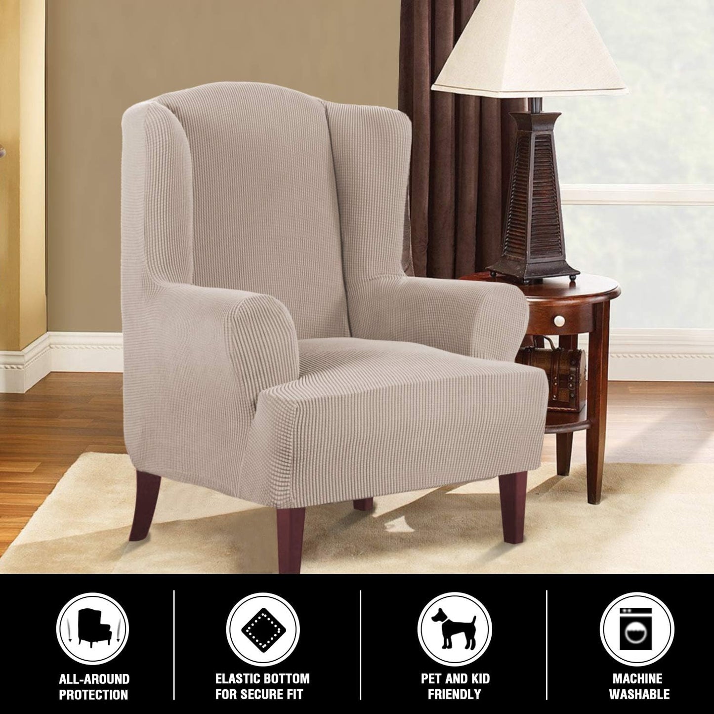 High Stretch Wingback Chair Slipcover Wing Chair Covers Wingback Chair Covers Wing Chair Slipcovers Furniture Covers for Wingback Chairs, Soft Thick Small Checked Jacquard Fabric, Sand