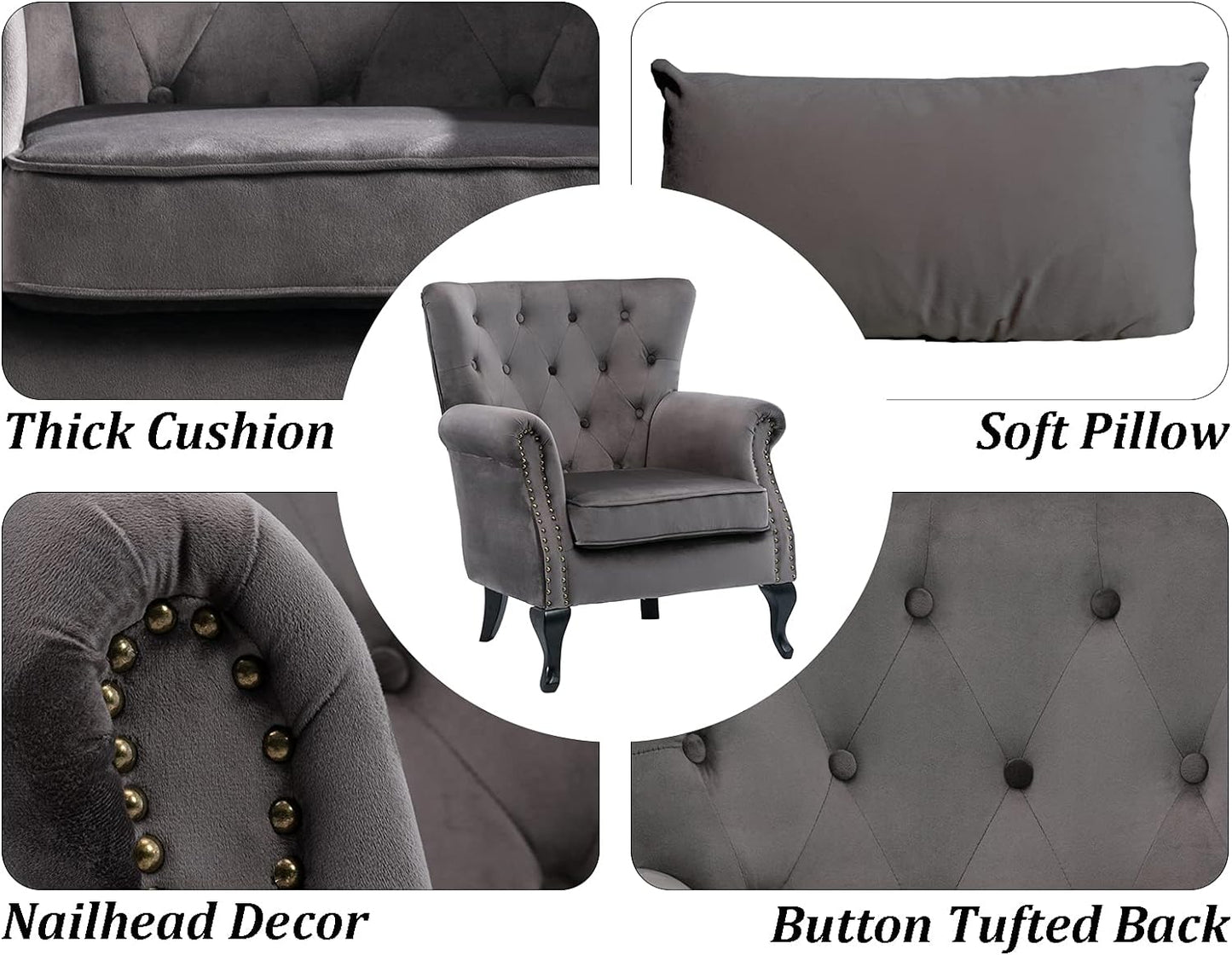 Mid Century Accent Chair Modern Button Tufted Armchair Wingback Club Chair Velvet Single Sofa Lounge Chair with Pillow for Living Room Bedroom, Grey