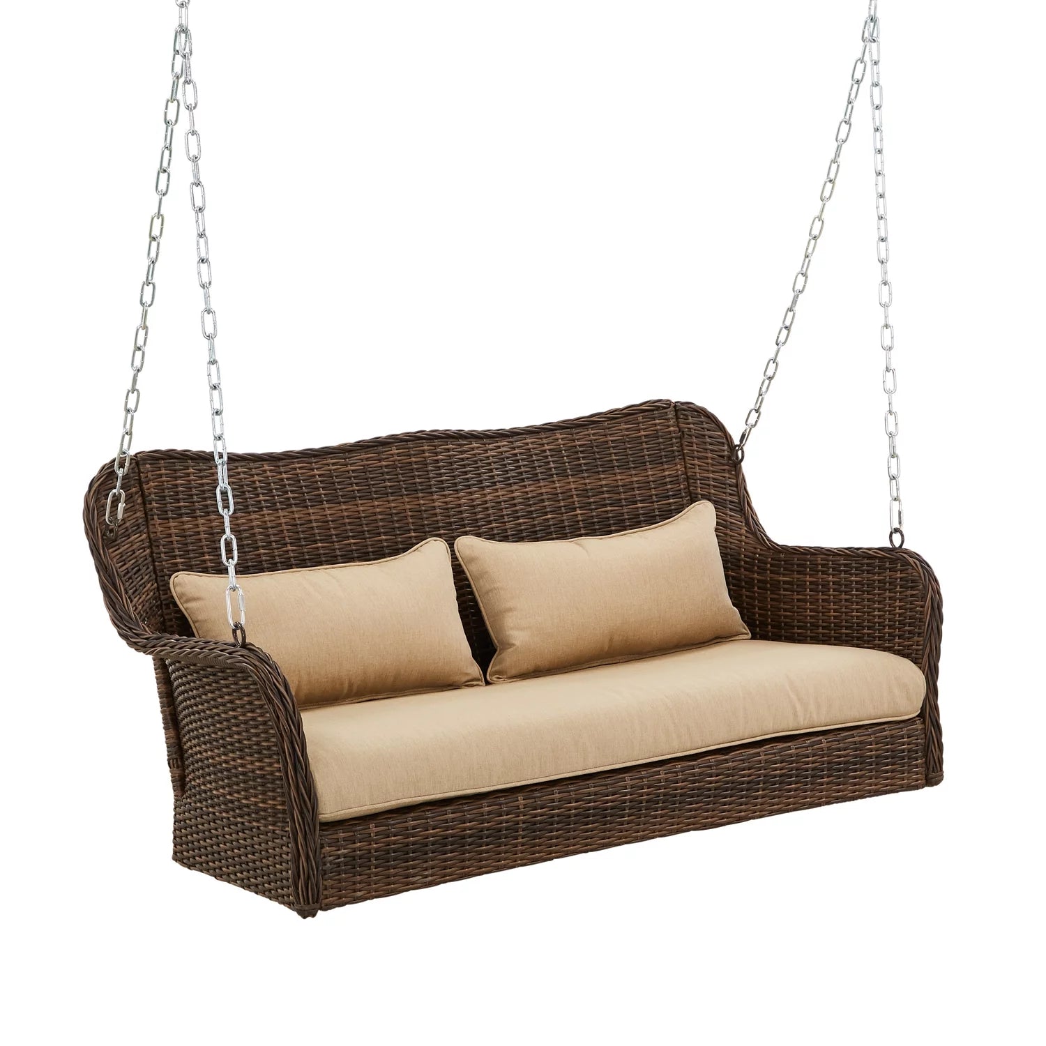 2- Seat Camrose Farmhouse Wicker Hanging Porch Swing with Cushions, Brown