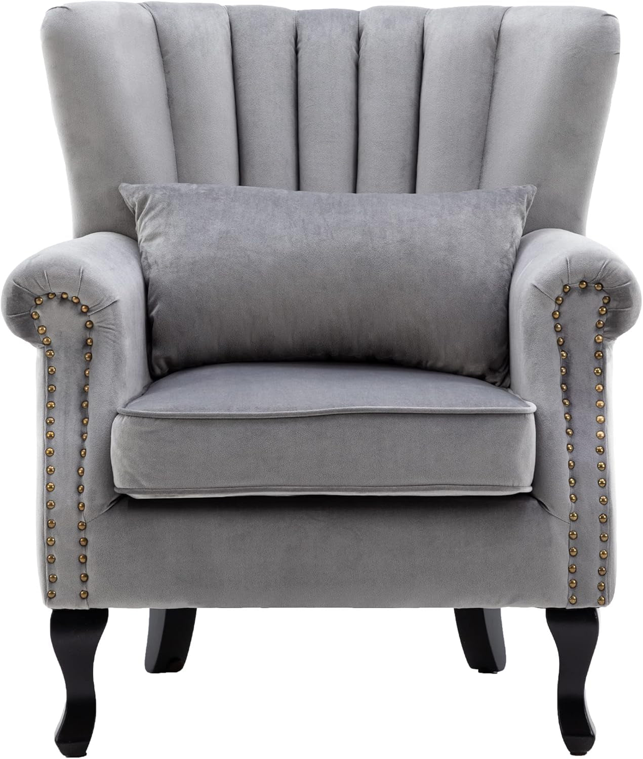 Mid Century Accent Chair Modern Button Tufted Armchair Wingback Club Chair Velvet Single Sofa Lounge Chair with Pillow for Living Room Bedroom, Grey