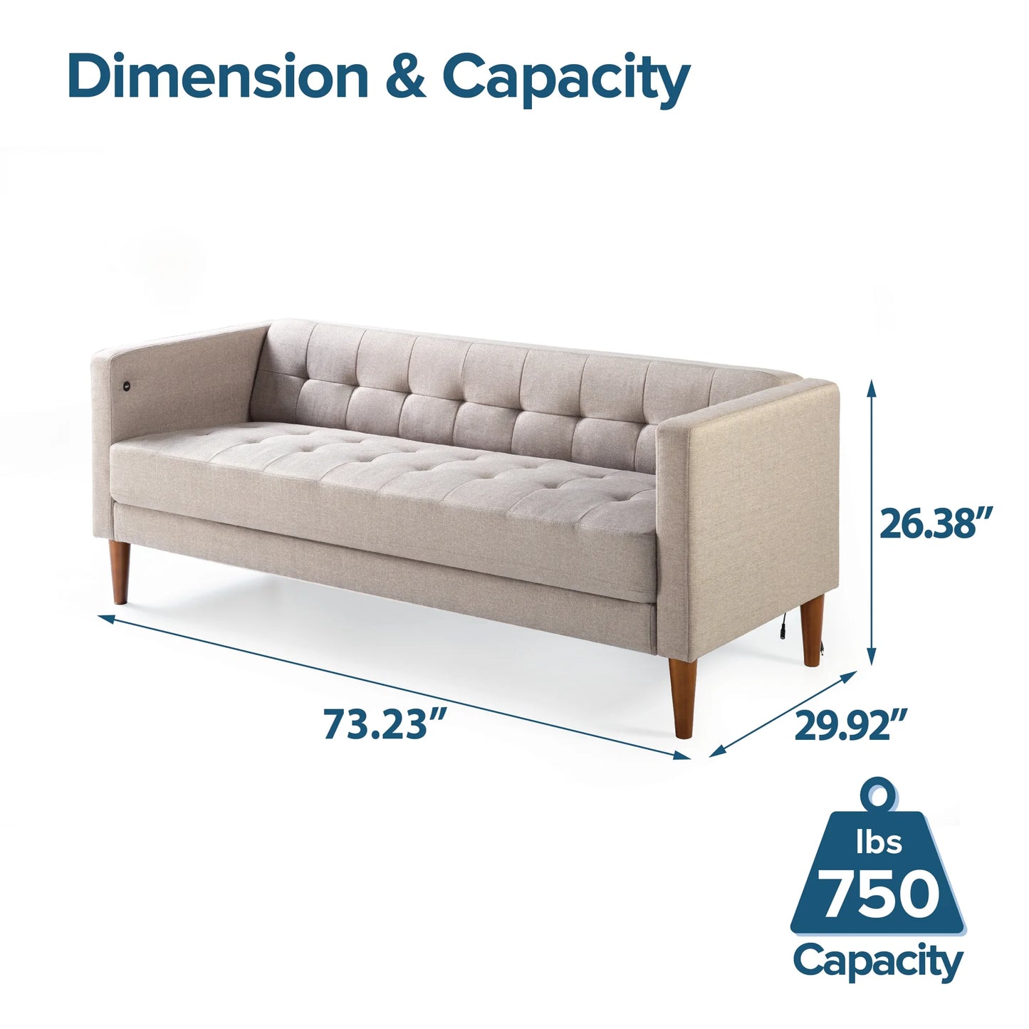 Zinus Pascal Fabric Indoor Sofa Couch with USB Ports, Oatmeal