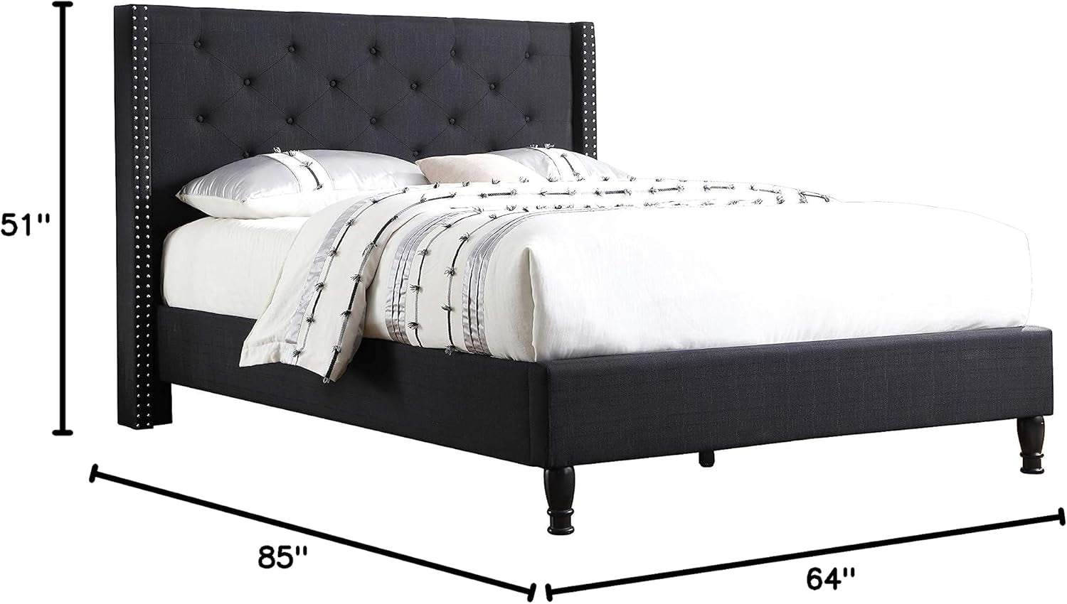 Home Life Linen Upholstered Platform Bed - Cloth Platform Bed with 51” Tall Headboard - Durable Wooden Slat Design - Easy to Assemble - Mattress Support - No Box Spring Needed - Full Size, Black