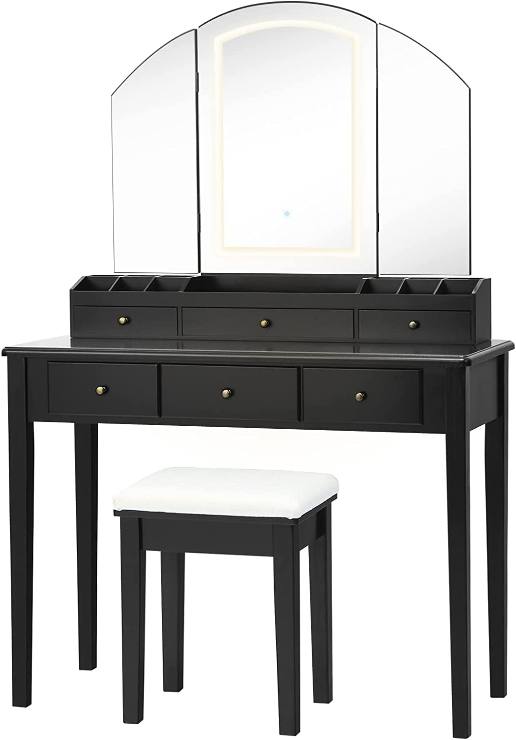 CHARMAID Large Vanity Set with Tri-Folding Lighted Mirror, 3 Color Lighting Modes, 6 Drawers, 12 Storage Compartments, Bedroom Makeup Dressing Table with Cushioned Stool for Women Girls, Black