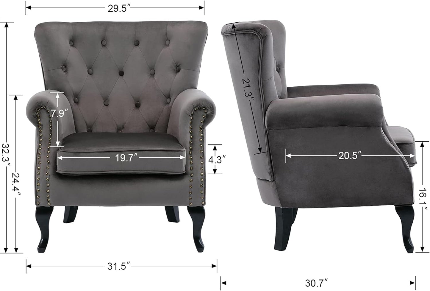 Mid Century Accent Chair Modern Button Tufted Armchair Wingback Club Chair Velvet Single Sofa Lounge Chair with Pillow for Living Room Bedroom, Grey