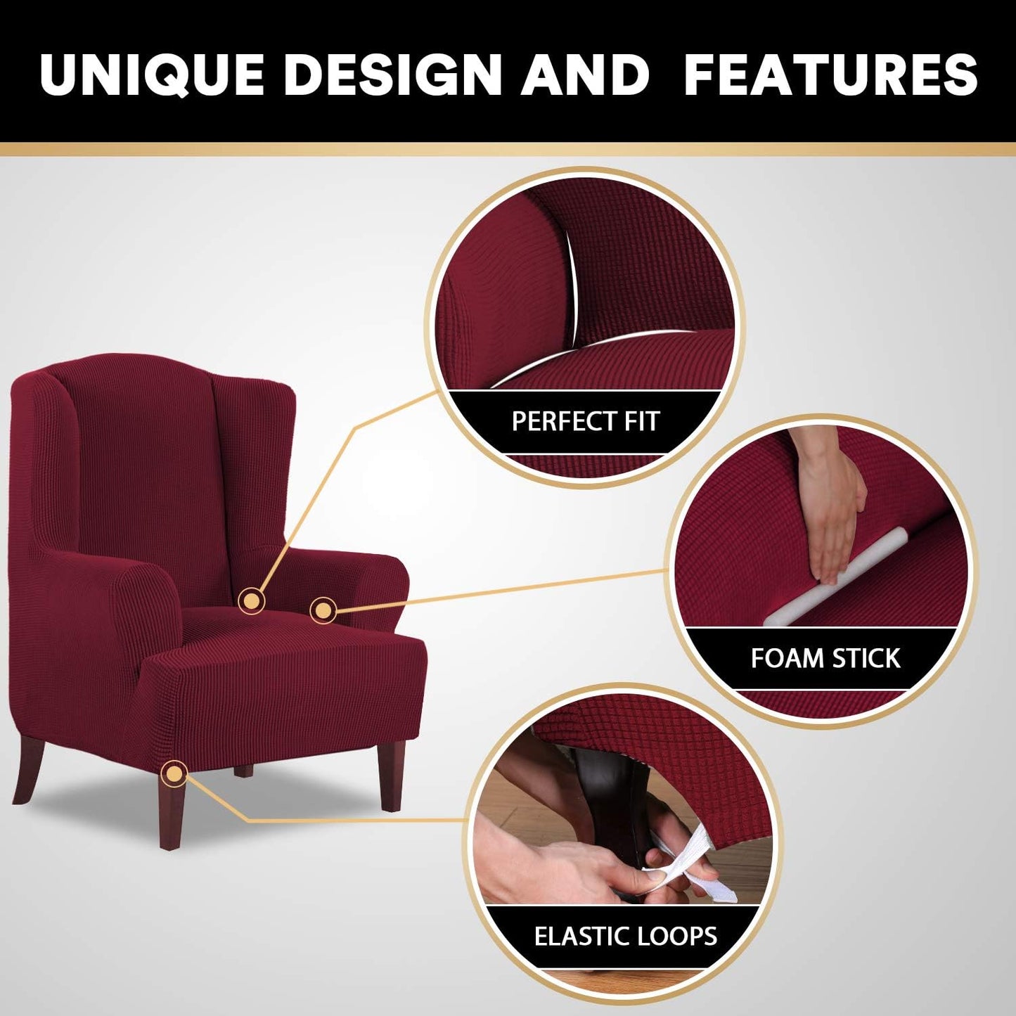 High Stretch Wingback Chair Slipcover Wing Chair Covers Wingback Chair Covers Wing Chair Slipcovers Furniture Covers for Wingback Chairs, Soft Thick Small Checked Jacquard Fabric, Burgundy