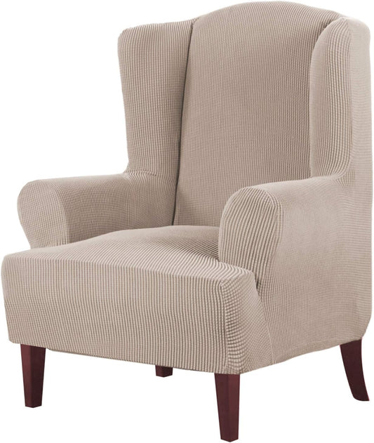 High Stretch Wingback Chair Slipcover Wing Chair Covers Wingback Chair Covers Wing Chair Slipcovers Furniture Covers for Wingback Chairs, Soft Thick Small Checked Jacquard Fabric, Sand