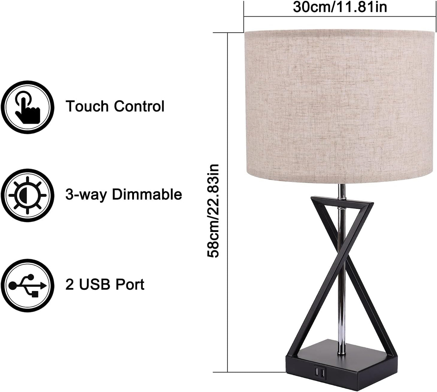 Ralbay Set of 2 Desk Lamp with USB Charging Port 3-Way Dimmable Touch Control Bedside Lamp for Bedroom Nightstand, Modern Table Lamp for Living Room, Home Office