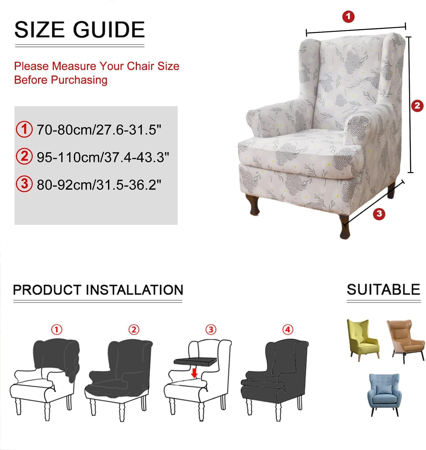 Wing Chair Slipcovers 2 Pieces Stretch Spandex Wingback Chair Covers Sofa Slipcover Printing Wingback Armchair Slipcovers Furniture Protector Couch Soft with Elastic Bottom for Wingback Chairs, B