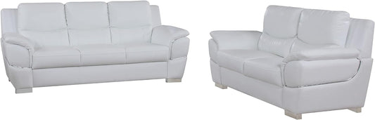 Blackjack Furniture Binion Modern Leather 2 Piece Couch Set for Living Room with Padded Headrests, Stainless Steel Legs & Accent Chrome Trim, Loveseat, Sofa, White