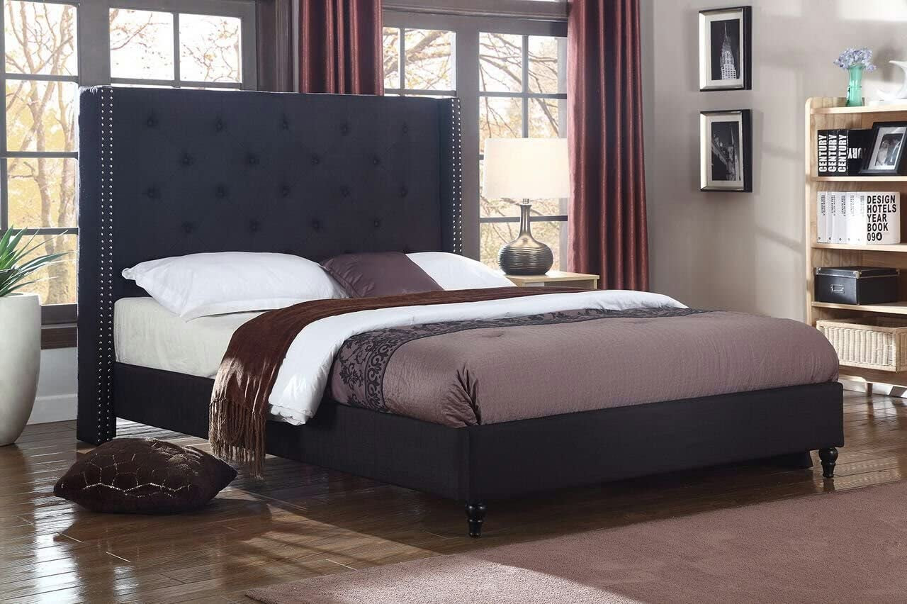 Home Life Linen Upholstered Platform Bed - Cloth Platform Bed with 51” Tall Headboard - Durable Wooden Slat Design - Easy to Assemble - Mattress Support - No Box Spring Needed - Full Size, Black