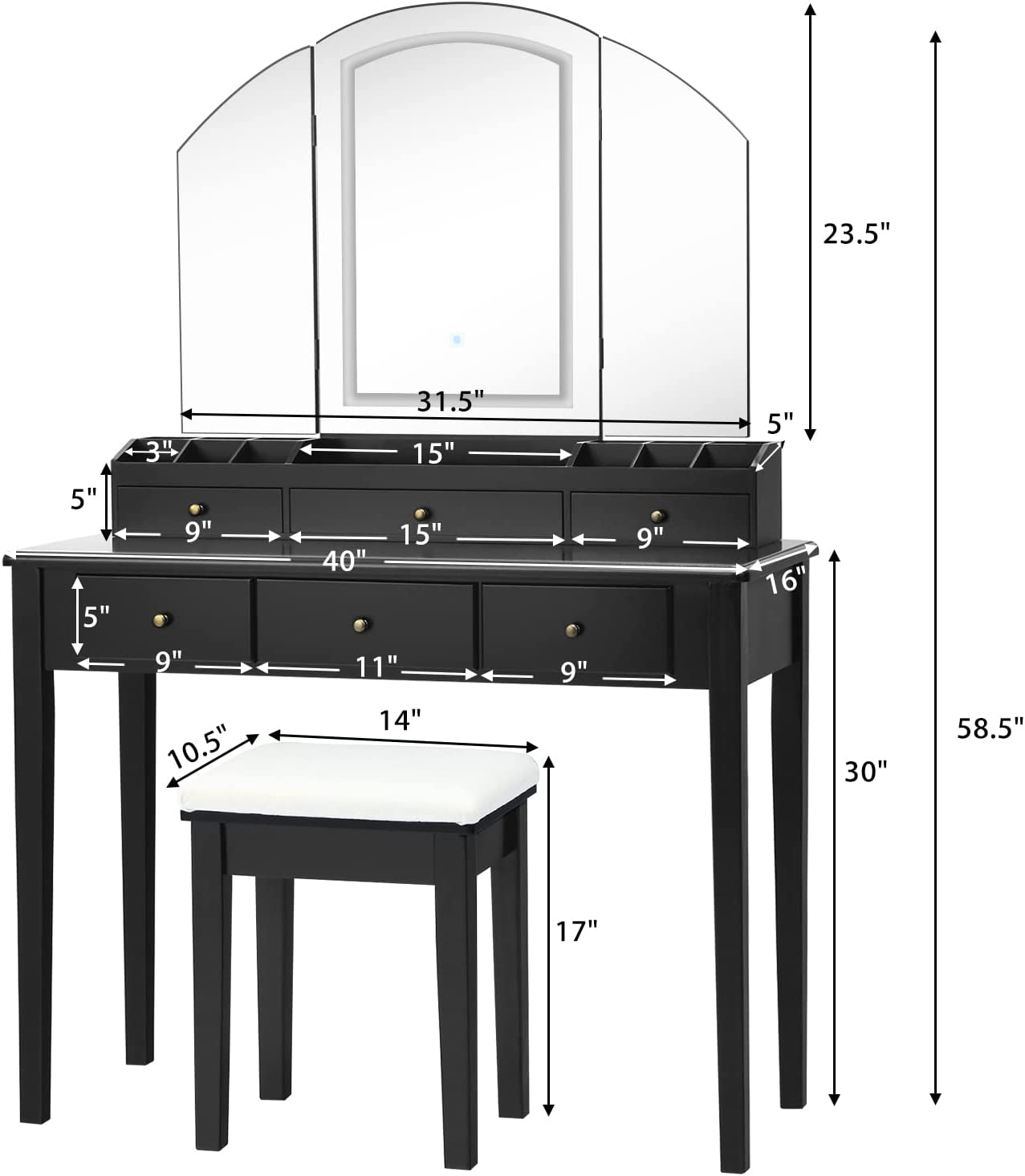 CHARMAID Large Vanity Set with Tri-Folding Lighted Mirror, 3 Color Lighting Modes, 6 Drawers, 12 Storage Compartments, Bedroom Makeup Dressing Table with Cushioned Stool for Women Girls, Black