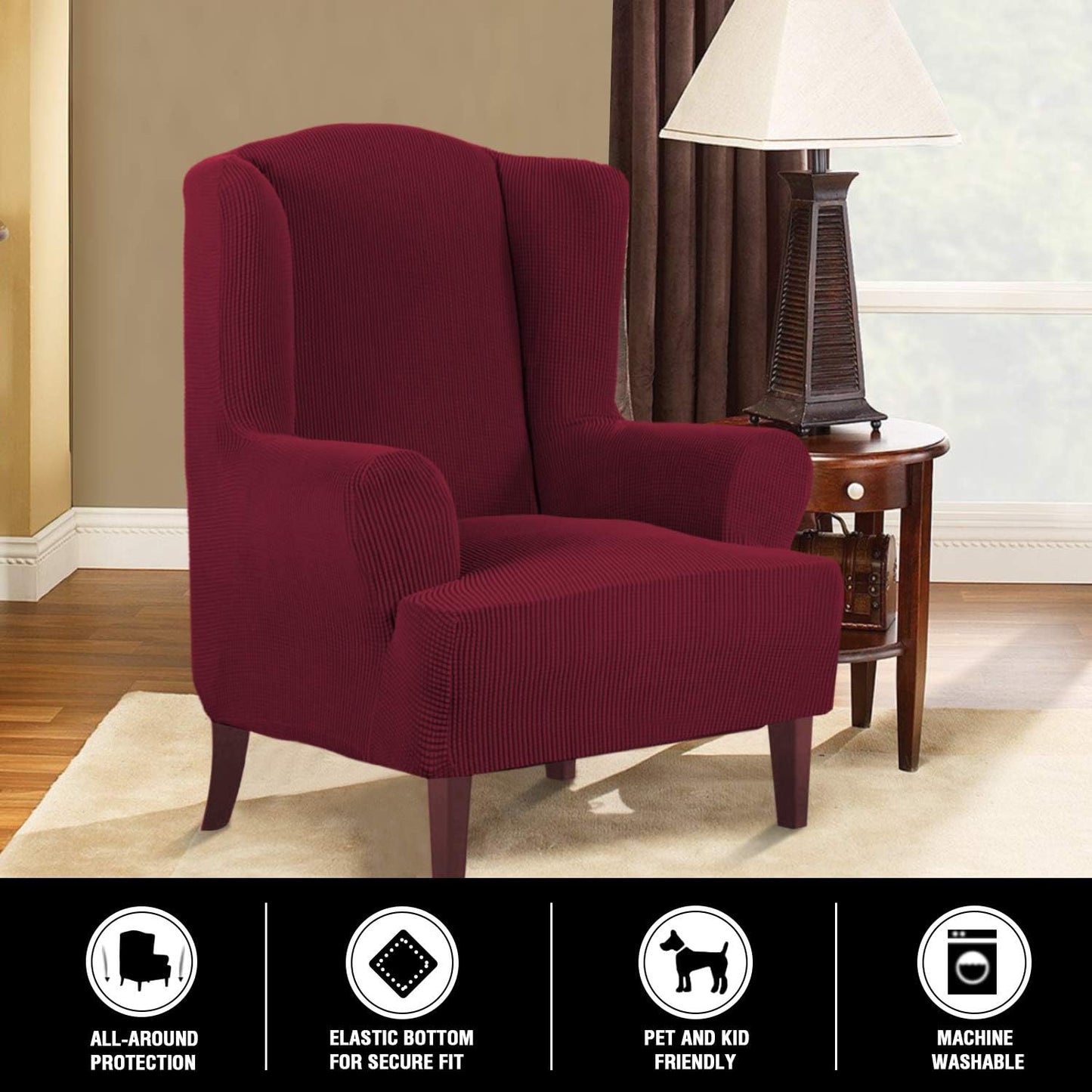 High Stretch Wingback Chair Slipcover Wing Chair Covers Wingback Chair Covers Wing Chair Slipcovers Furniture Covers for Wingback Chairs, Soft Thick Small Checked Jacquard Fabric, Burgundy