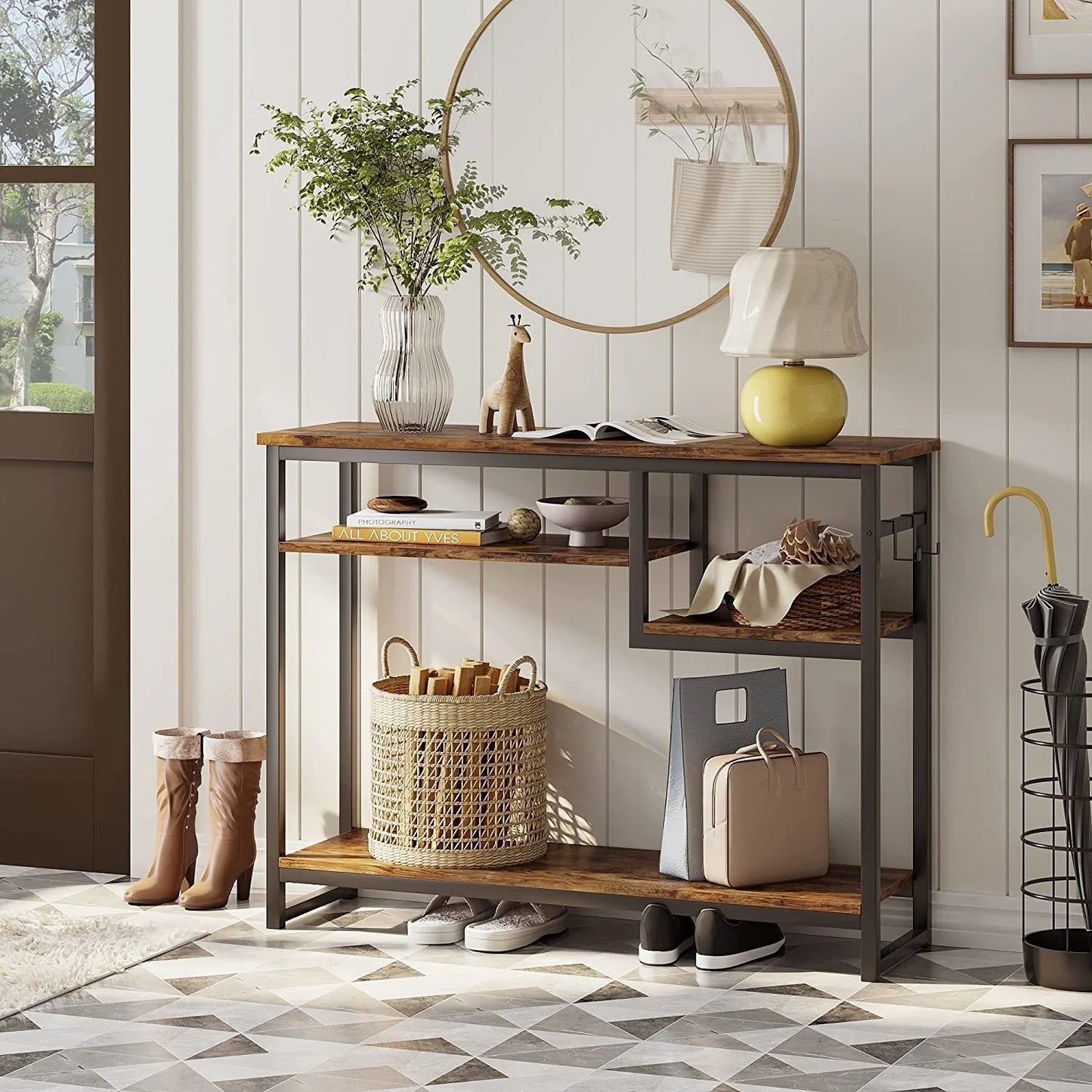 Bestier Narrow Console Table Buffet Sideboard Side Desk Entryway Table with 4 Storage Shelves & 2 Hooks, Rustic