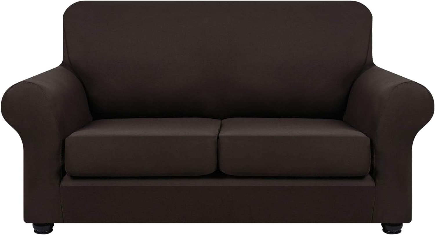 Hyha 3 Pieces Stretch Loveseat Slipcovers - Soft Couch Covers for 2 Cushion Couch, Washable Furniture Protector, Sofa Cover for Living Room with Elastic Bottom for Pets (Loveseat, Brown)