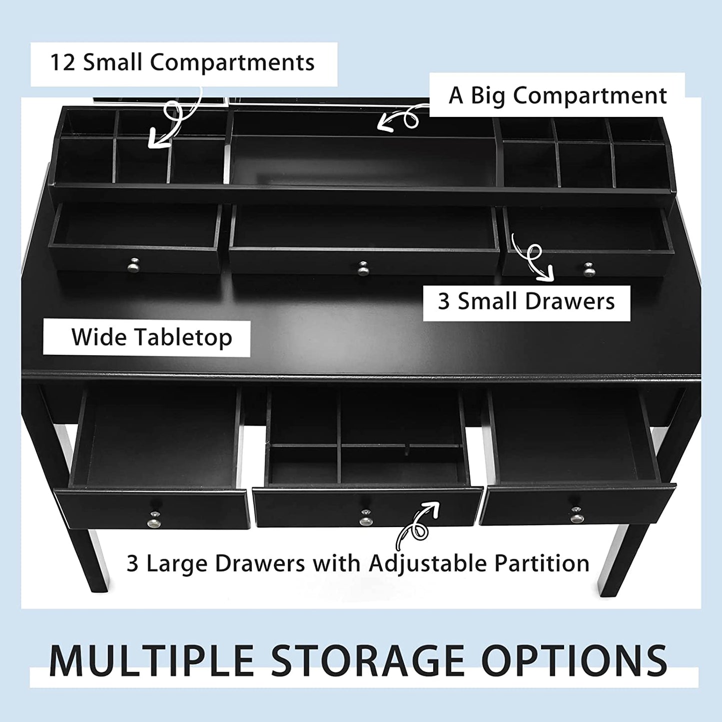 CHARMAID Large Vanity Set with Tri-Folding Lighted Mirror, 3 Color Lighting Modes, 6 Drawers, 12 Storage Compartments, Bedroom Makeup Dressing Table with Cushioned Stool for Women Girls, Black