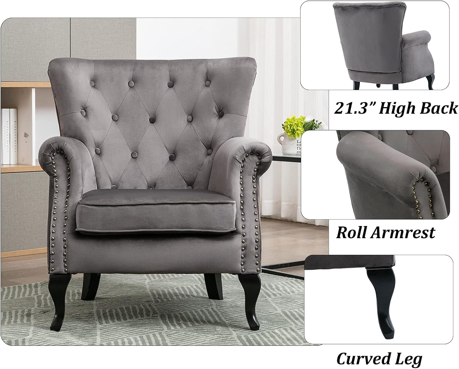 Mid Century Accent Chair Modern Button Tufted Armchair Wingback Club Chair Velvet Single Sofa Lounge Chair with Pillow for Living Room Bedroom, Grey